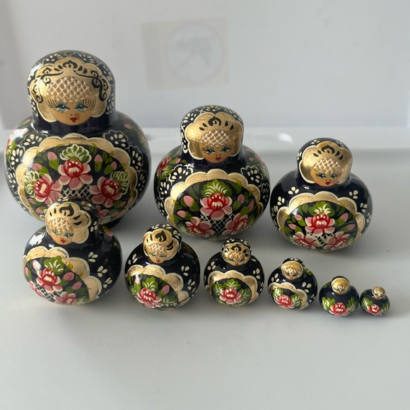 Set of 10 Vintage Russian Matryoshka 5 inch Nesting Dolls Navy Blue & Gold - Picture 4 of 13